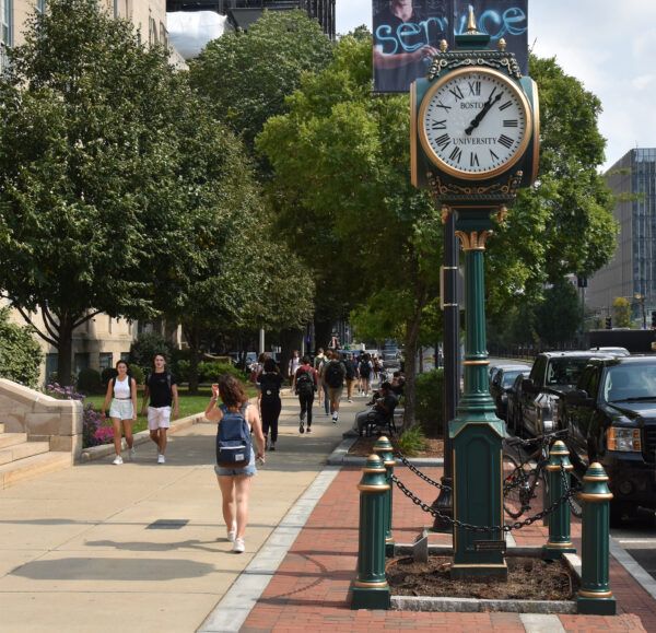 Four dial large Howard post clock at Boston University featuring custom dial lettering, AI faces, and WS hands.