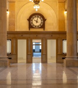 The Michigan Central Station Ticket Booth Clock installed in the restored ticket lobby.